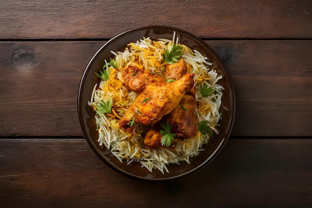 Chicken Biryani on a Wooden Background