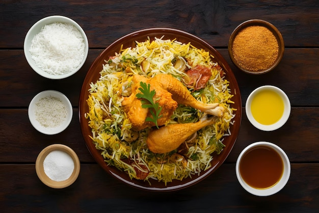 Chicken Biryani on a Wooden Background