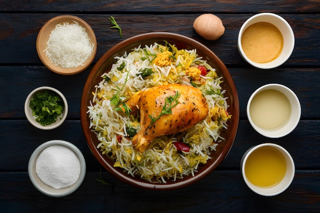 Chicken Biryani on a Wooden Background