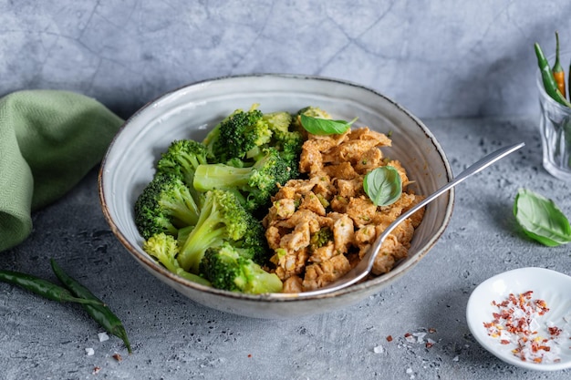 Chicken breast chunks with vegetables on plate