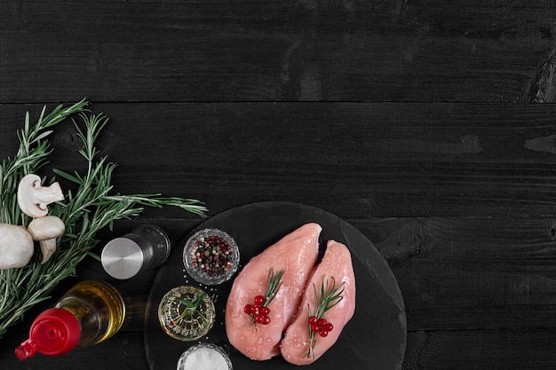 Chicken breast on a cutting board with herbs and different vegetables on rustic wooden background Top view Copy space Still life Flat lay