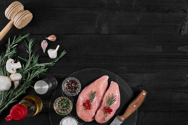 Chicken breast on a cutting board with herbs and different vegetables on rustic wooden background Top view Copy space Still life Flat lay