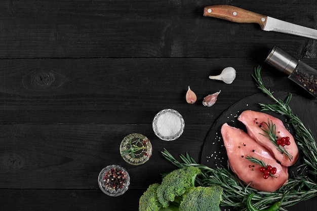 Chicken breast on a cutting board with herbs and different vegetables on rustic wooden background Top view Copy space Still life Flat lay