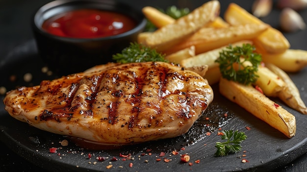 a chicken breast is on a plate with french fries and ketchup