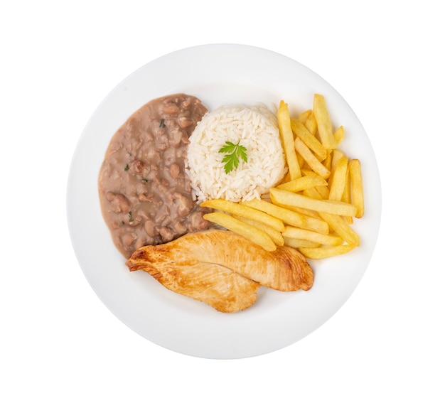 Chicken breast, rice, beans and french fries. Typical brazilian executive dish isolated over white background.