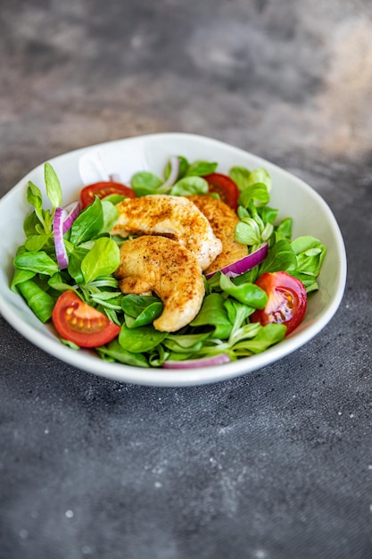 chicken breast salad tomato, vegetable, green lettuce leaves fresh healthy meal food snack diet