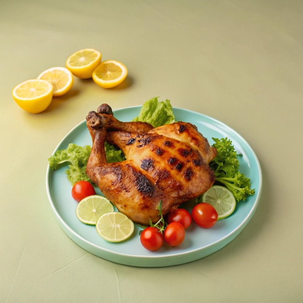 Photo a chicken breast sits on a plate with lemons and vegetables