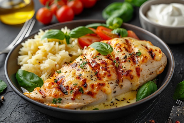 Photo chicken breast with melted cheese and tomato slices