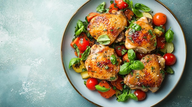 Photo chicken breast with vegetables and herbs on a plate