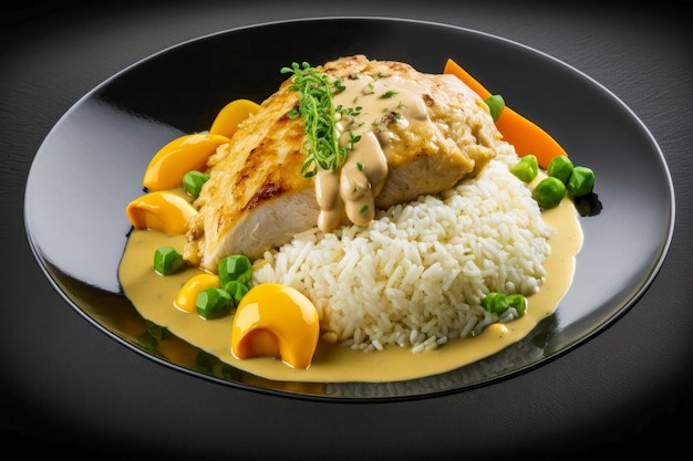 Chicken breasts with rice and vegetables Generative AI