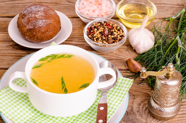 Chicken broth soup in white plate. 