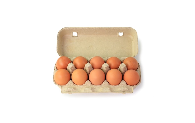 Chicken brown eggs in carton box isolated on white background with clipping path