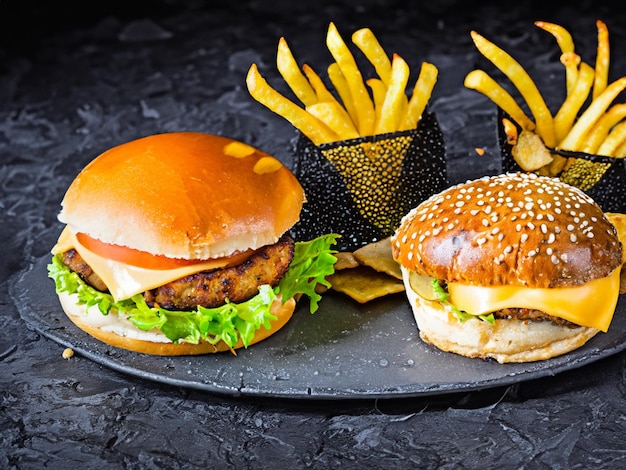 Chicken burger with cheddar cheese and fries on dark background