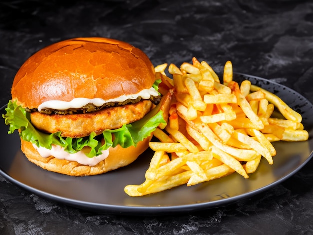 Chicken burger with cheddar cheese and fries on dark background