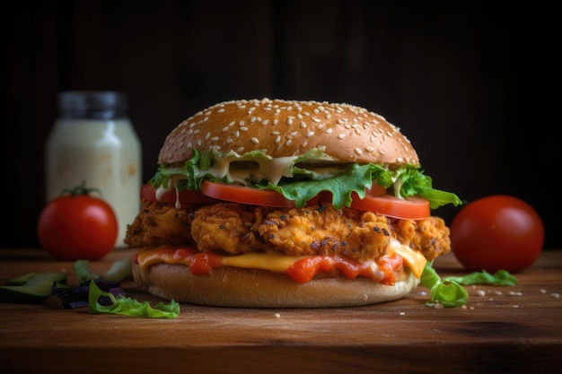 Photo chicken burger with a crispy fillet pepper jack cheese lettuce tomato and chipotle mayo on a whole wheat bun prepared on the home kitchen