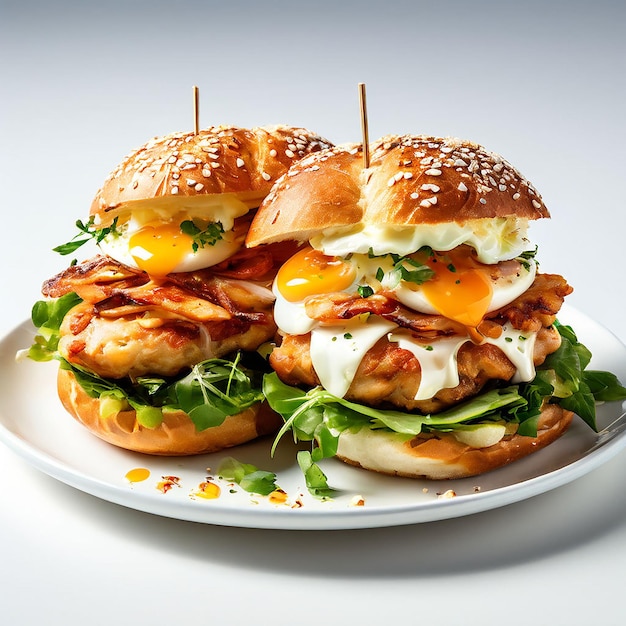 chicken burger with egg benedict in croissant on transparent background