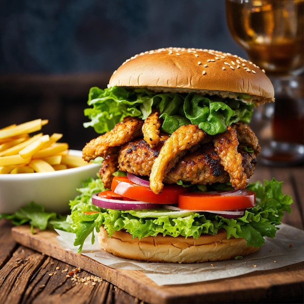 a chicken burger with a glass of beer next to it