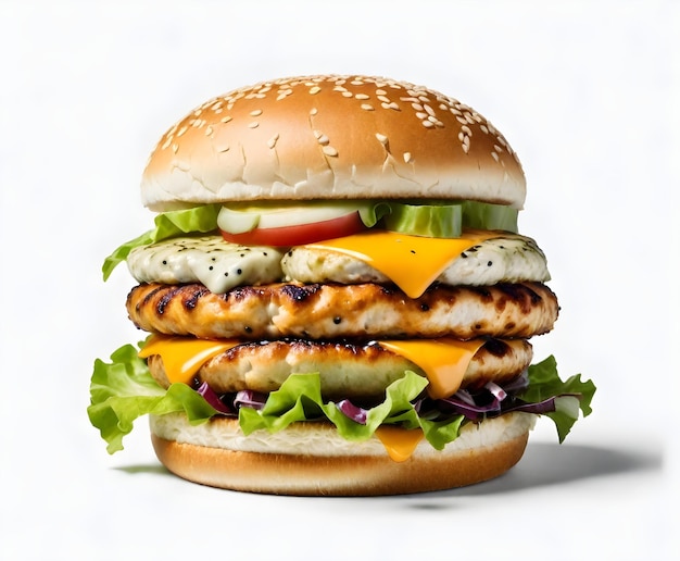 Chicken burger with lettuce tomato cheese on a sesame seed bun against a white background