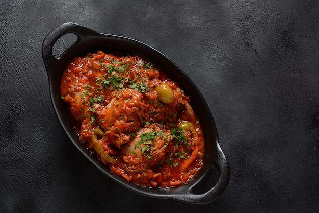 Chicken cacciatore with bell peppers, tomatoes, black olives. Italian food