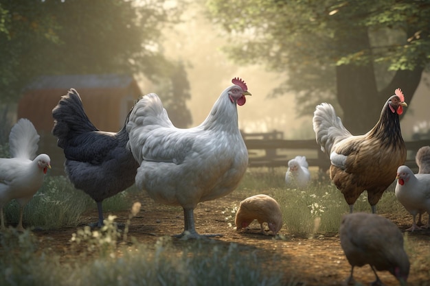 A chicken and chickens in a farm