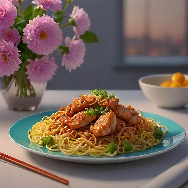 Photo chicken chow mien on a plate ai generated