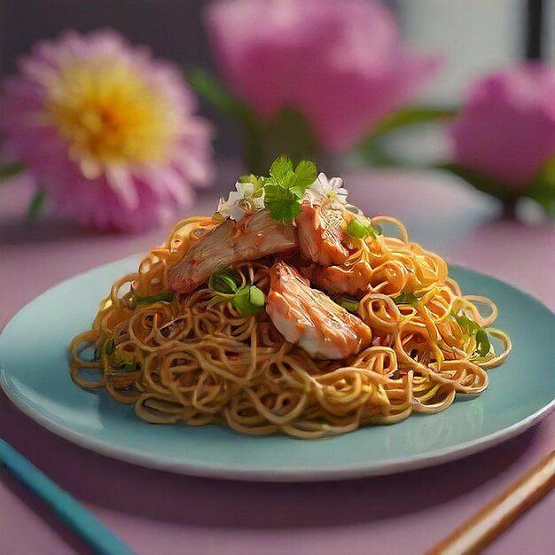 Photo chicken chow mien on a plate ai generated