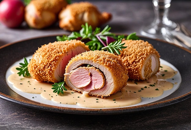 Chicken cordon bleu on a white plate on the table