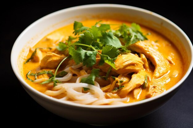 Chicken curry in a black cup with rice noodles