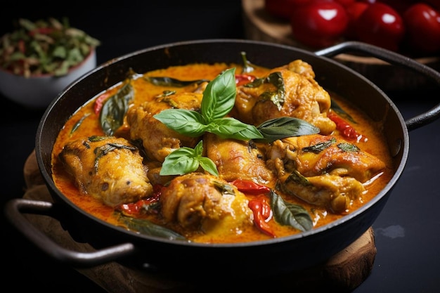 Chicken curry in a pan with lemongrass