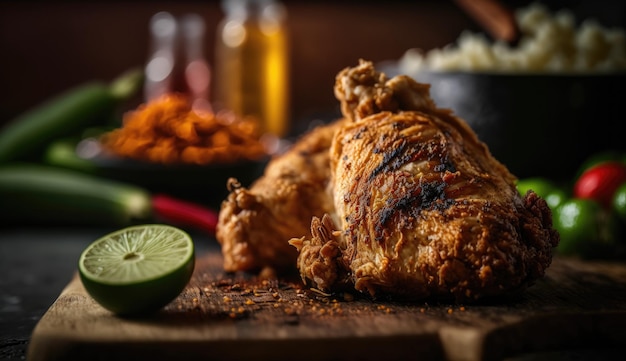 A chicken on a cutting board with a lime on the side