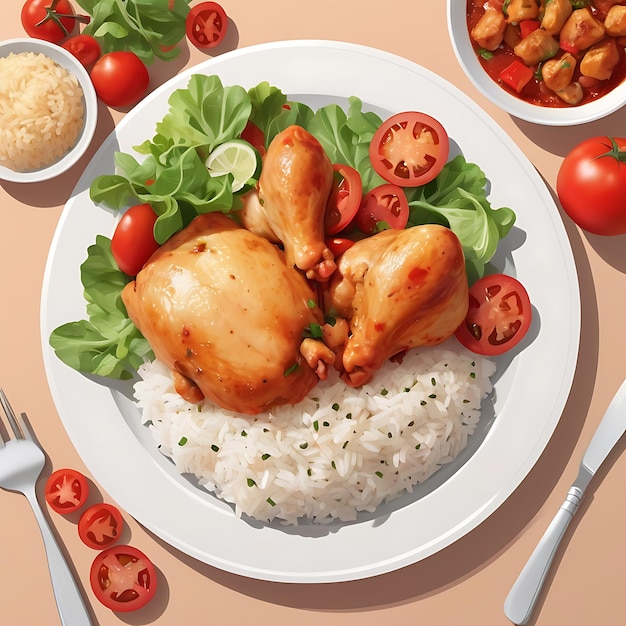 Photo chicken dish menu with chicken pieces in tomato and pepper served with fresh salad on the table