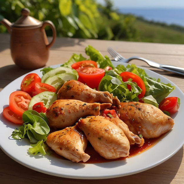 Photo chicken dish menu with chicken pieces in tomato and pepper served with fresh salad on the table