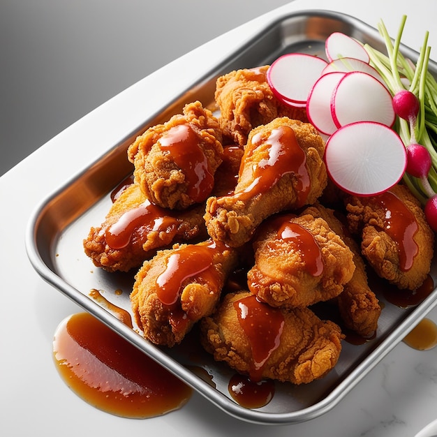 Chicken dish with chicken pieces in tomato and pepper served with rice and fresh salad on the table