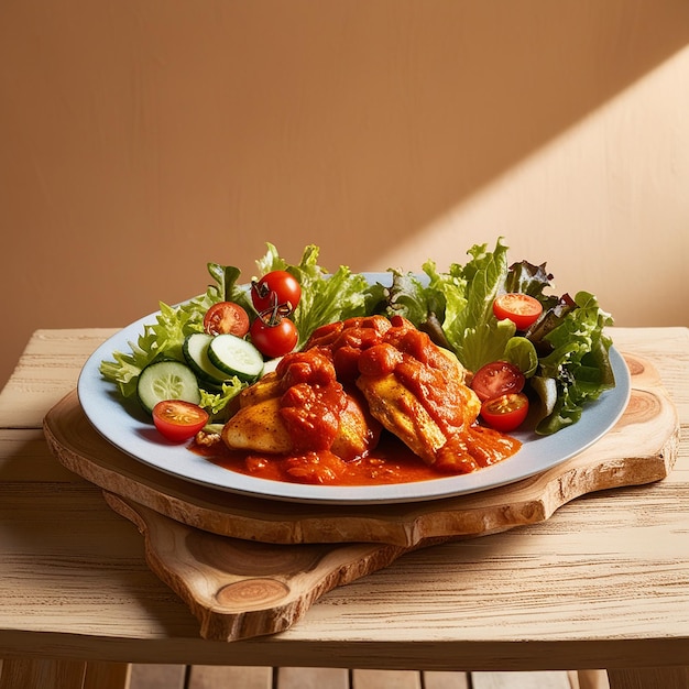 Chicken dish with chicken pieces in tomato and pepper served with rice and fresh salad on the table