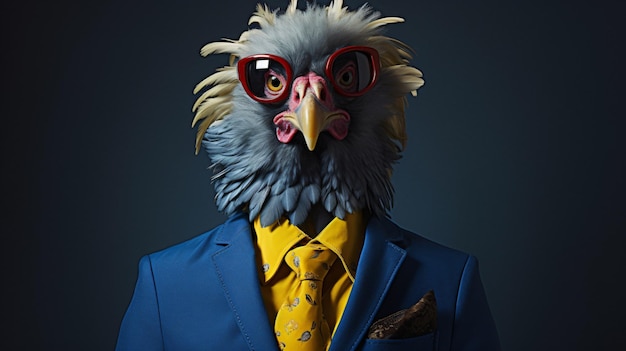 Chicken dressed in blue jacket with yellow patch