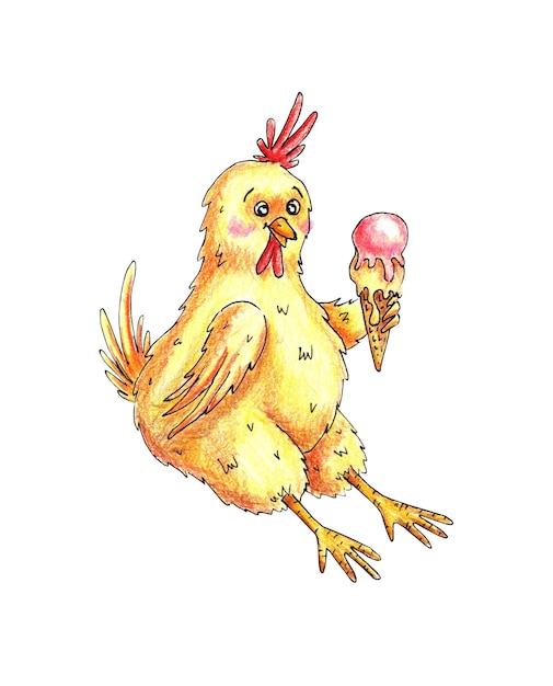 Chicken eating ice cream with colored pencils