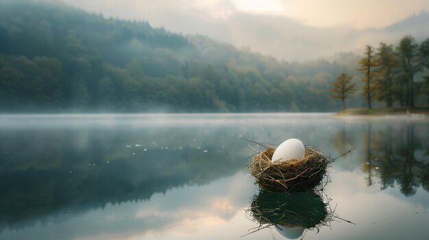 Photo chicken egg in a soft peaceful lakeside setting