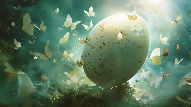 Chicken egg surrounded by soft fluttering butterflies