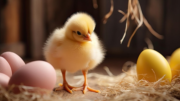 A chicken and eggs on a farm