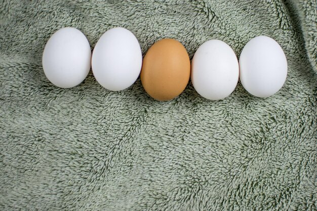 Photo chicken eggs of a gray tissue surface one is brown the others are white concept not like everyone else