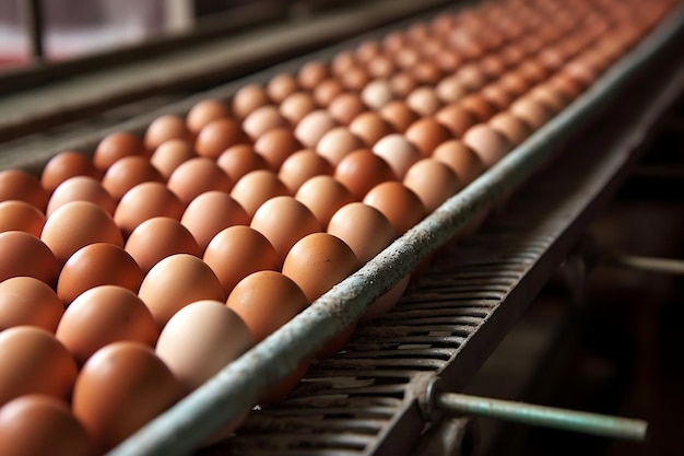 Chicken Eggs Moving Along Conveyor in a Poultry Farm Farming Agriculture Factory Food Industry AI