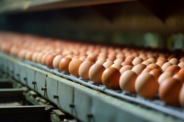 Chicken Eggs Moving Along Conveyor in a Poultry Farm Farming Agriculture Factory Food Industry AI