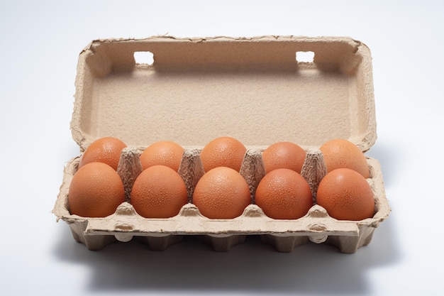 Chicken eggs in an open egg carton isolated on white Fresh chicken eggs background Eggs in box