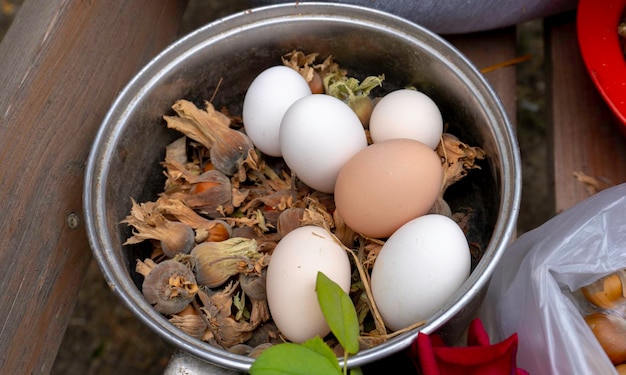 Chicken eggs in the pot