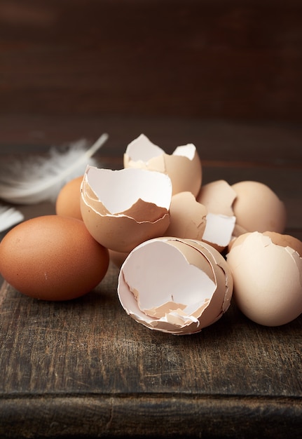 Chicken eggs shells on a cutting board