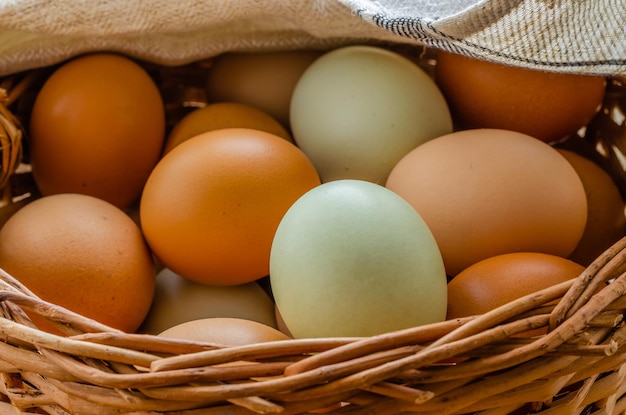 Chicken eggs in a straw basket. Natural protein.