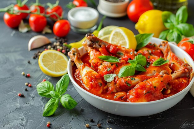 Photo chicken feet stew in tomato sauce in white bowl with vegetables and lemon