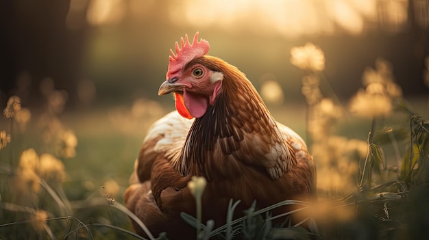 A chicken in a field with the sun shining on it