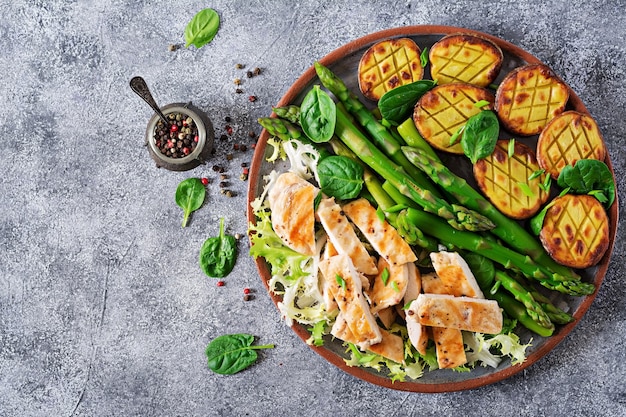 Chicken fillet cooked on a grill with a garnish of asparagus and baked potatoes. Dietary menu. Healthy food. Flat lay. Top view