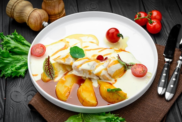 Chicken fillet in a creamy sauce with caramelized pear